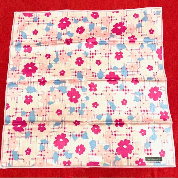 New Burberry Miniscarf/handkerchief 20" cotton/silkpink blue floral check (32) - Picture 4 of 5